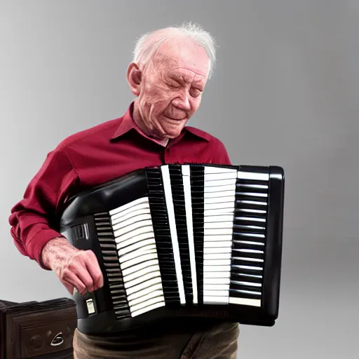 Prompt: an old man with an accordion replacing his neck, he's wearing a cylinder, a very hunched back, 4K 3D render, stylized