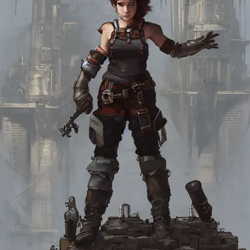 Image similar to Full body portrait of a scrappy female gnome mechanic with pixie undercut hair and one prosthetic metal gauntlet arm standing on a ship deck. In style of Greg Rutkowski and Yoji Shinkawa and Hyung-tae Kim, trending on ArtStation, dark fantasy, great composition, concept art, highly detailed