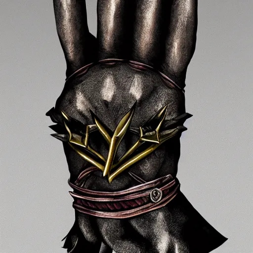 Image similar to metal claws on gloves, old leather gloves with attached talons, pointy fingertips, dark background, highly detailed, 8 k, trending on artstation, mystic, rpg artwork, by peter jackson, by sauron