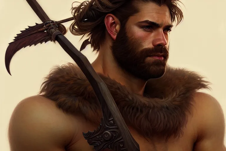 Image similar to upper body portrait of a gruff ranger with a spear, lean and toned, handsome face, hairy chest, D&D, intricate, elegant, highly detailed, digital painting, artstation, concept art, matte, sharp focus, illustration, art by Artgerm and Greg Rutkowski and Alphonse Mucha