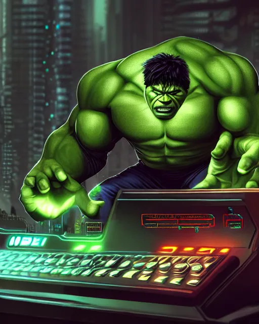 Prompt: cyberpunk scifi scene of the hulk typing on a computer interface, artstation, matt painting, very detailed, maximalism, ambient occlusion, volumetric light, atmospheric haze, unreal engine, hyper realism, realistic shading, cinematic composition, realistic render, octane render, detailed textures, photorealistic, wide shot