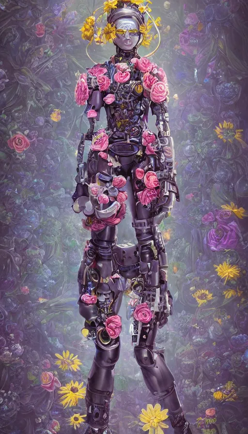 Image similar to full body head to toe portrait of a flowerpunk sci-fi cyborg ninja, third person, D&D, sci-fi fantasy, intricate, blue and gold, daisy and rose and miniature peony, highly detailed, art by Range Murata, highly detailed, 3d, octane render, bright colors, digital painting, trending on artstation, sharp focus, illustration style of Stanley Artgerm, dramatic background