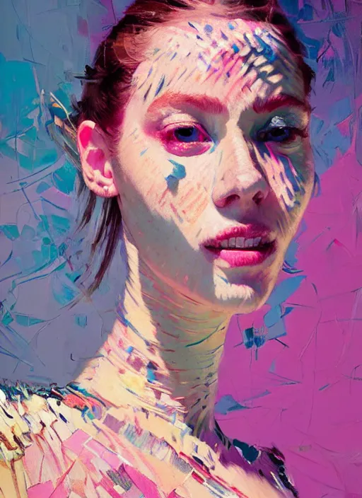 Image similar to portrait of a beautiful girl, smiling, ecstatic, dancing, eyes closed, open mouth, shades of pink and blue, beautiful face, rule of thirds, intricate outfit, spotlight, by greg rutkowski, by jeremy mann, by francoise nielly, by van gogh, digital painting