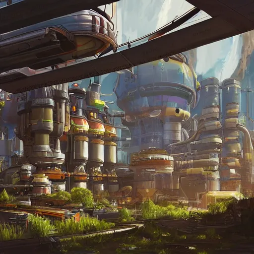 Image similar to sci fi power plant from apex legends in a pleasant urban setting surrounded by families, art station, ultra hd, soft light, overhead sun, ultra hd, art station