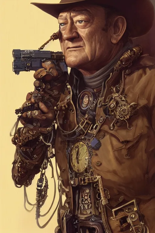 Image similar to john wayne as a steampunk cyborg gunslinger, portrait, western, duster, fantasy, intricate, elegant, highly detailed, digital painting, artstation, concept art, sharp focus, illustration, art by artgerm and greg rutkowski and alphonse mucha