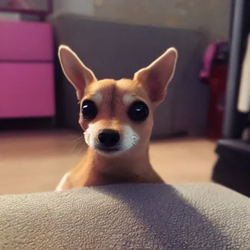 Prompt: Chiuahua with a long nose staring directly at the camera, photo