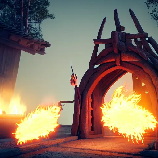 Image similar to A wizard launching a fireball at a giant wooden gate, 4k, highly detailed, octane render, vray, cinematic lighting