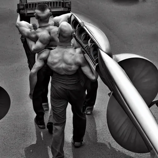 Image similar to a muscular bald man carrying two turbine engines on his back