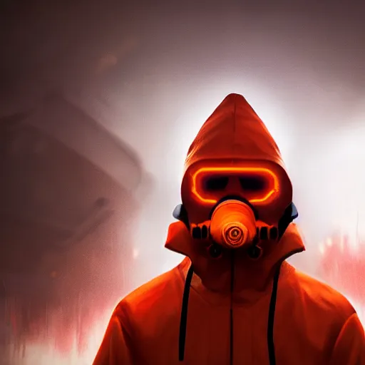 Prompt: villain wearing a red oni mask, orange hazmat suit, dark background, unreal engine 5, ultra realistic, detailed, fog, volumetric lighting, by greg rutkowski,