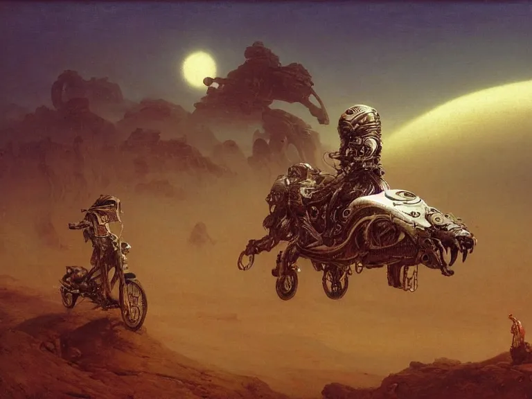 Image similar to a futuristic motorbike on an alien planet by beksinski carl spitzweg and tuomas korpi. baroque elements. baroque element. intricate artwork by caravaggio. Oil painting. Trending on artstation. 8k