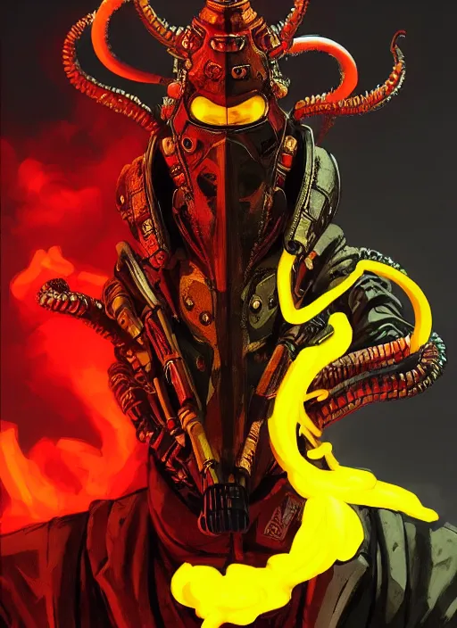Prompt: half body portrait of an evil deity, a squid man in yellow gas mask and black rugged ornate trench coat oozing with smoke and red aura. in style of yoji shinkawa and hyung - tae kim, trending on artstation, dark fantasy, great composition, concept art, highly detailed, dynamic pose, vibrant colours.