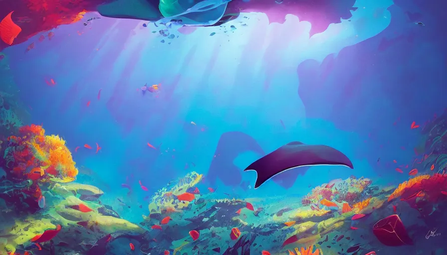 Prompt: a single manta ray swims above a colorful coral reef filled with fish, volumetric light, realism, in the style of alena aenami and andreas rocha and anato finnstark and charlie bowater