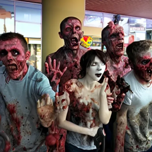 Prompt: Zombies waiting at a Burger King to eat lunch,