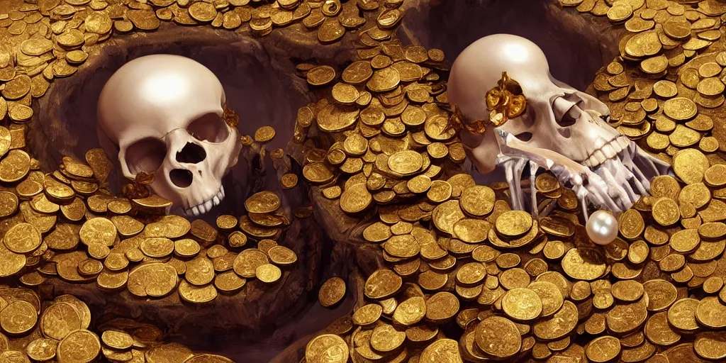 Prompt: concept art of a skeleton laying in the middle of golden coins and precious jewels, pearl, rubi, diamonds, painting by wlop, nixeu and greg rutkowski, beautiful, semirealism, artstation, octane render, oil painting, sharpness, 8 k, golden ratio