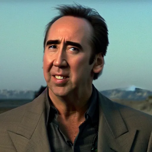 Image similar to A still of Nicholas Cage. Medium shot. He's smiling and looking into the camera.