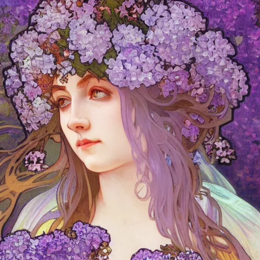 Prompt: lilac hair goddess of light through hydrangeas flowers, soft rose and dried petals, alphonse mucha style, painterly, highly detailed, 8 k,