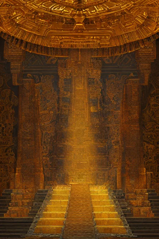 Image similar to inside a majestic aztec temple made of gold, intricate, elegant, volumetric lighting, digital painting, highly detailed, artstation, sharp focus, illustration, concept art, ruan jia, steve mccurry