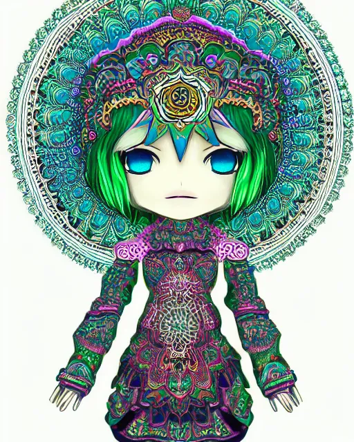 Prompt: fractal mandala funny nendroid nendroid girl very funny joy emoji psy trip ghost color an ancient white bone and emerald gemstone relic, intricate engraving concept art style