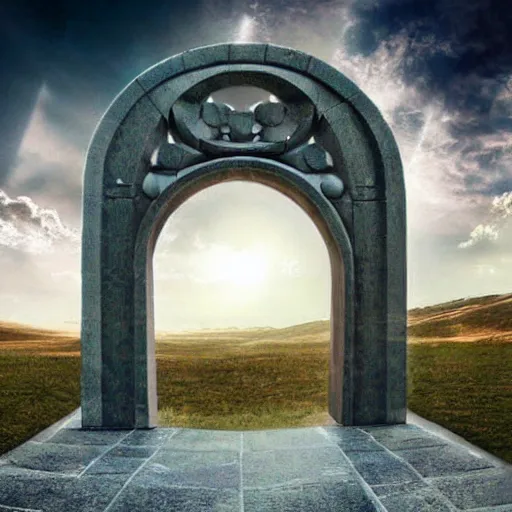 Prompt: stargate made of stone that form a circle, portal to another dimension cinematic view, epic sky highly detailed