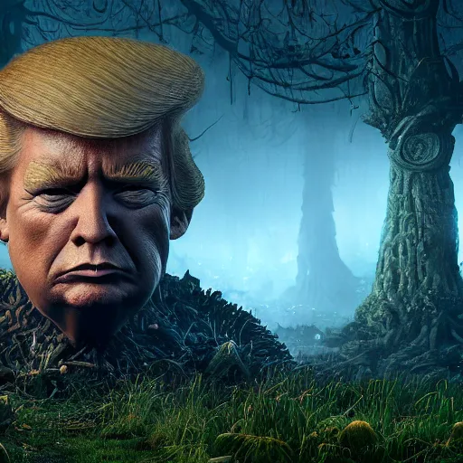 Image similar to highly detailed portrait of donald trump as a goblin in a magical mushroom forest, in skyrim, unreal engine, fantasy art by greg rutkowski, global illumination, radiant light, detailed and intricate environment