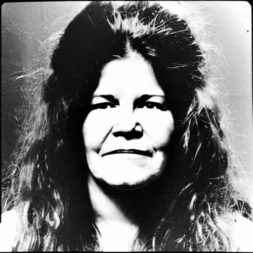 Prompt: Mugshot Portrait of Janis Joplin, taken in the 1970s, photo taken on a 1970s polaroid camera, grainy, real life, hyperrealistic, ultra realistic, realistic, highly detailed, epic, HD quality, 8k resolution, body and headshot, film still, front facing, front view, headshot and bodyshot, detailed face, very detailed face