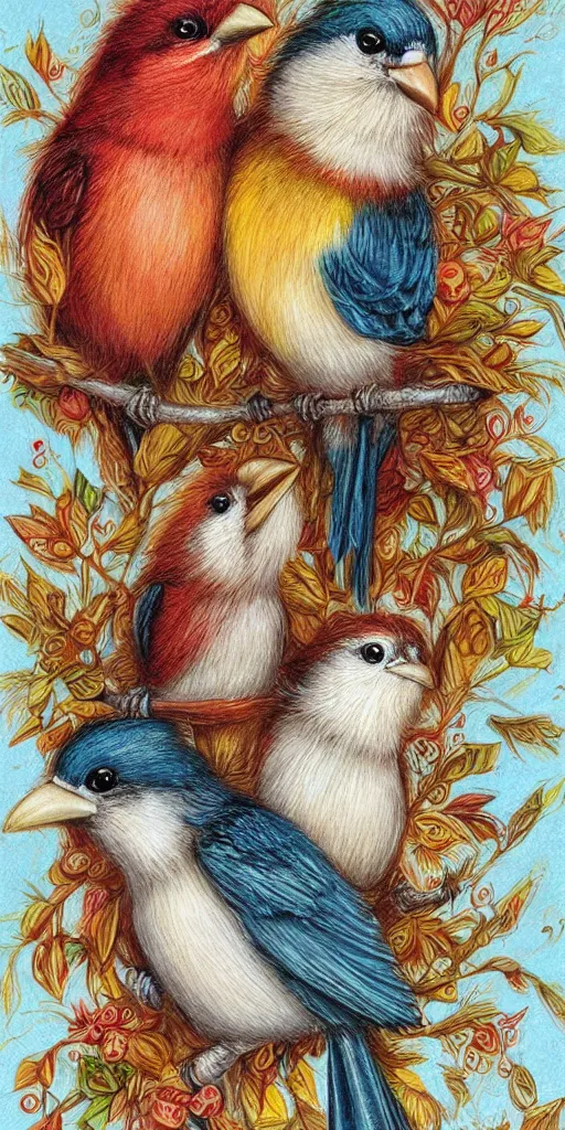 Image similar to greeting card, love, beautiful birds, by greg simkins, warm colors, cozy