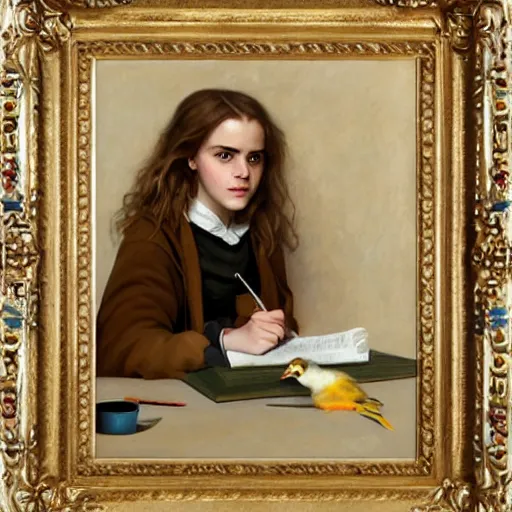 Prompt: Painting of Emma Watson as Hermione Granger as A Girl Writing; The Pet Goldfinch, art by Henriette Browne, extremely detailed, 4K