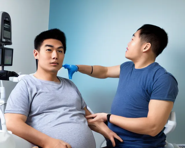 Image similar to Photograph of a heavily pregnant handsome!!! young Asian man in his 20s getting an ultrasound at the hospital, high quality image