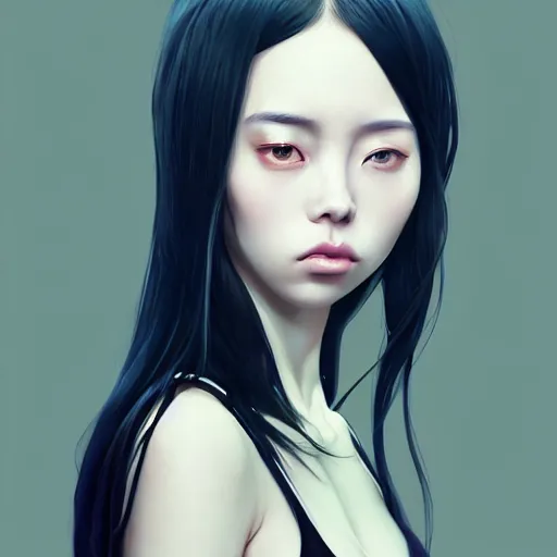 Image similar to a beautiful young korean kpop star billie eilish lucy liu alluring instagram model in elaborate latex bikini tank top, tank top made from latex demon faces, by guweiz and wlop and ilya kuvshinov and artgerm and, aesthetic, gorgeous, stunning, alluring, attractive, artstation, deviantart, pinterest, digital art