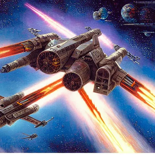 Prompt: an X-Wing entering hyperspace, art by Thomas Kinkade