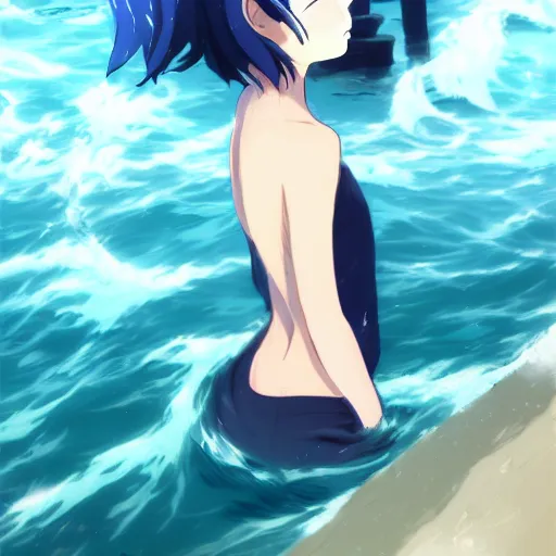 Image similar to High quality art of a girl with short blue hair drowned in the sea, anime style. Art by Makoto Shinkai, Crunchyroll, pixiv, danbooru, HD
