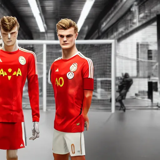 Image similar to a realistic detailed photo of a guy who is an attractive humanoid who is half robot and half humanoid, who is a male android, soccer players martin ødegaard & timo werner, shiny skin, posing like a statue, blank stare, in a factory, on display, showing off his muscles, gold soccer shorts, side view, looking at each other mindlessly