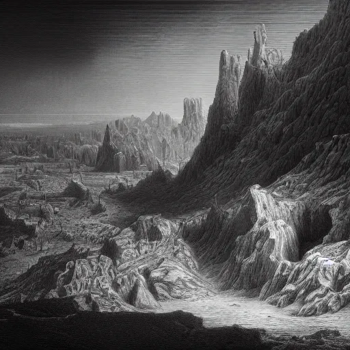 Image similar to a bleak dystopian world, divided down the middle in the vivid vaporwave style of gustave dore