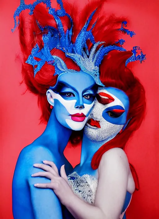 Prompt: zeiss lens photograph david armstrong only with blue drag queen in love with a red stallion too many hands in all directions doctors mask in the style of gottfried helnwein chiaroscuro intricate composition blue l insanely quality highly detailed masterpiece red light