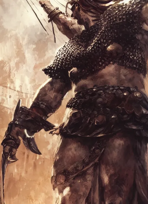 Image similar to ancient historically accurate depiction of the Bible Character Goliath of Gath, the Philistine warrior giant in ancient persian chainmail armor, dramatic lighting art by Yoji Shinkawa by Richard Schmid by greg rutkowski by Sandra Chevrier by Jeremy Lipking cinematic dramatic