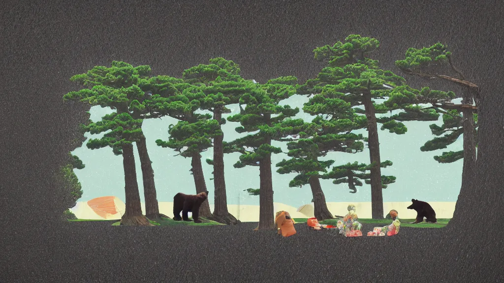 Image similar to a mama and baby bear at a seaside landscape with sequoia trees, japan, a collage painting, in the style of wes anderson, lola dupre, david hockney, isolated on negative white space background dark monochrome neon spraypaint accents volumetric octane render