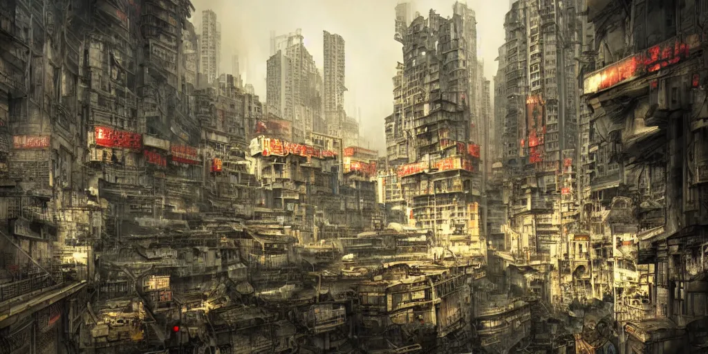 Image similar to kowloon style city, dystopian, artstation