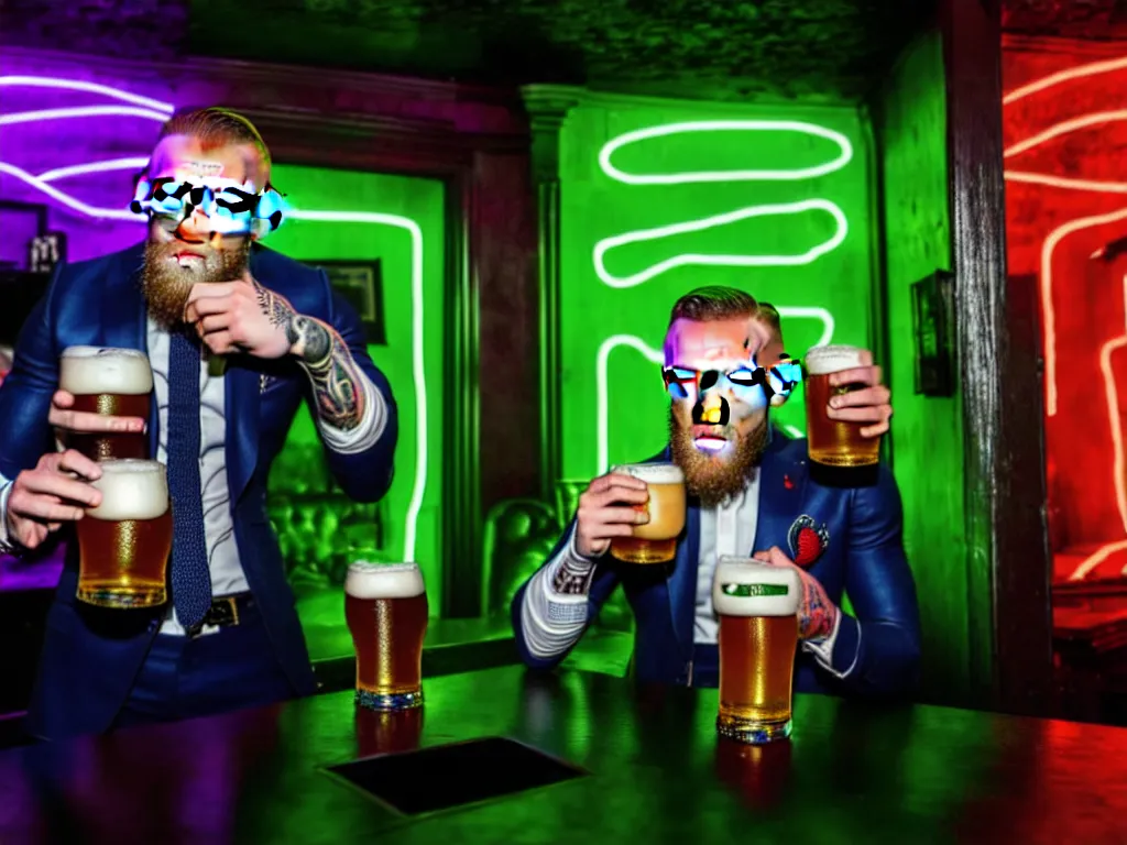 Image similar to a well framed portrait of conor mcgregor drinking a beer in an irish pub with a neon bar, laser lighting, trending on art station, in the style of the movie heat with al pacino, volumetric lighting & shadows, hyper detailed, digital art, unreal engine, 4 0 0 mm f 1. 8,