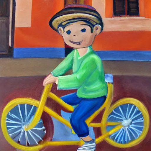 Image similar to a painting of a boy riding a bicycle in falaiscoglieklippantilado