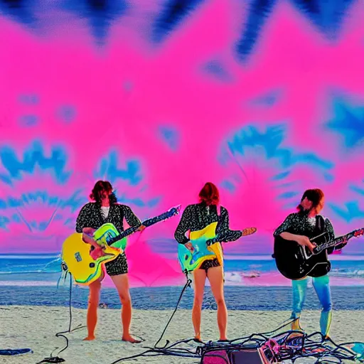 Image similar to an evil surf rock band from 1963 playing a gig on the beach under a psychedelic neon fractal sky