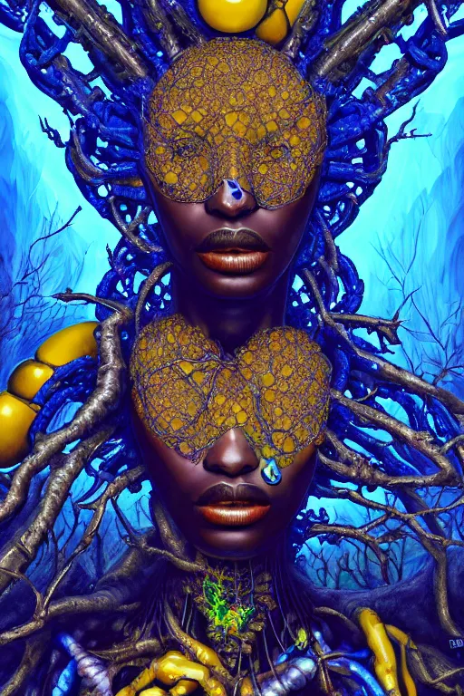 Image similar to hyperrealistic deconstructed super expressive! black woman with exoskeleton armor, merging with tree in a forest, highly detailed digital painting masterpiece smooth cam de leon hannah yata dramatic pearlescent blue yellow light ground angle hd 8k sharp focus