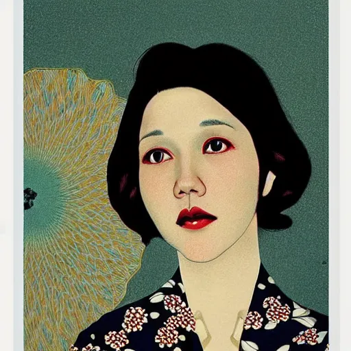 Image similar to “ maggie gyllenhaal portrait by ikenaga yasunari and ayana otake and ko rakusui, 6 0 s poster, drawing, realistic, sharp focus, japanese, dreamy, nostalgia, faded, golden hues, floral clothes, porcelain skin ”