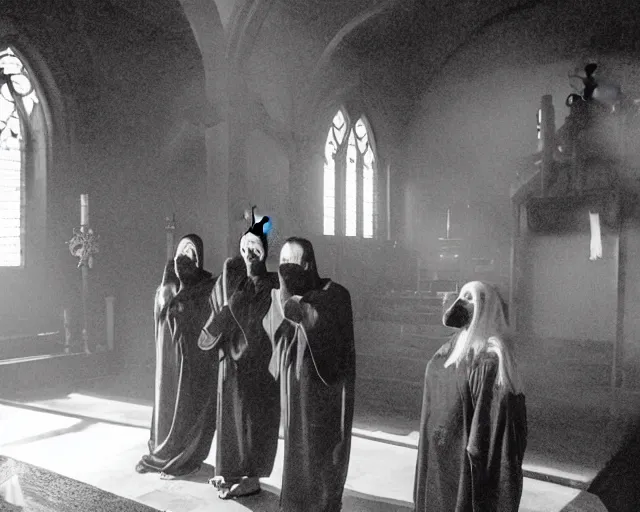 Image similar to a cultist ceremony, cultists with robes and masks, church interior, satanic church interior, the fog. horror lighting, found footage