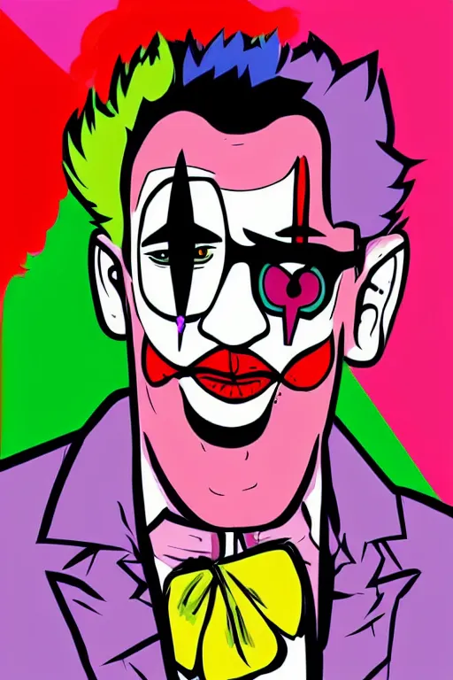 Image similar to display twitter guy wearing an blouses with clown mask. pop art, gta vice city art style, digital art, arstation art, pixel art, face and body features details, ultra realistic details, concept art, casual art, sharp focus, illustration, intecrate details, elegant, confident posse, art by mark millar and richard hamilton and mimmo rottela