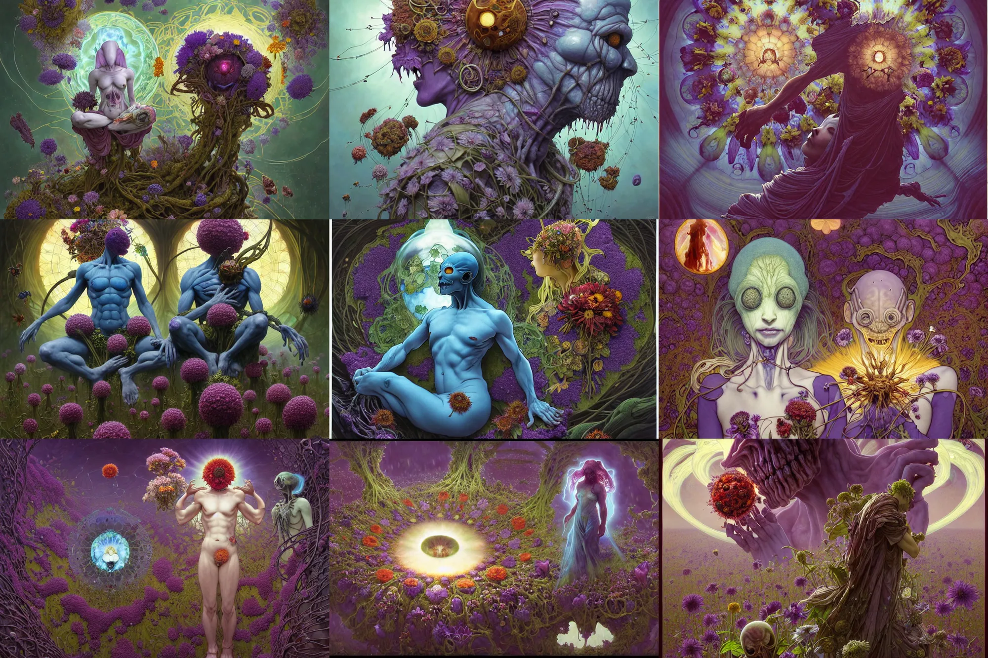 Prompt: the platonic ideal of flowers, rotting, insects and praying of cletus kasady carnage thanos dementor wild hunt doctor manhattan chtulu mandelbulb mandala ponyo spirited away davinci heavy rain, d & d, fantasy, ego death, decay, dmt, psilocybin, art by artgerm and greg rutkowski and alphonse mucha