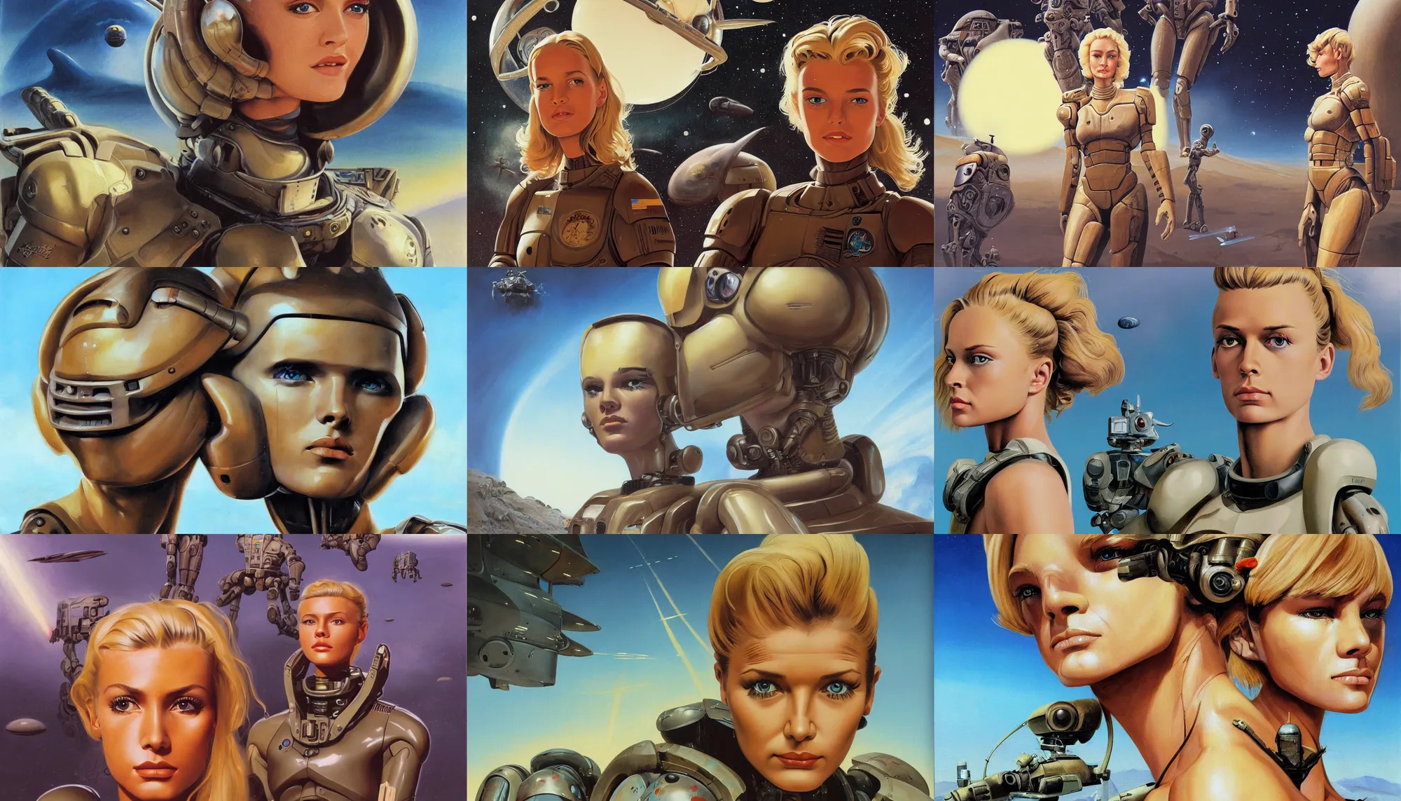 Prompt: A mixed media portrait painting of a very beautiful light-brown-hair / blonde woman on an alien planet, starship-troopers, sweat, aesthetic symmetrical face and eyes, photorealistic, model, wet, pacific-rim-mech in background, dawn of the space age pinup style, by Frank Frazetta, Boris Vallejo, Beeple, Greg Rutkowski, Christian MacNevin, epic fantasy character art, high fantasy, CGsociety, exquisite detail, post-processing, masterpiece, cinematic