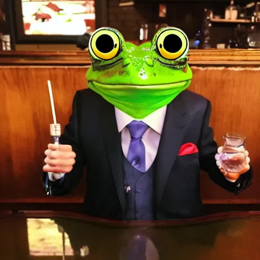 Prompt: A frog in a suit sitting at a bar smoking a cigarr