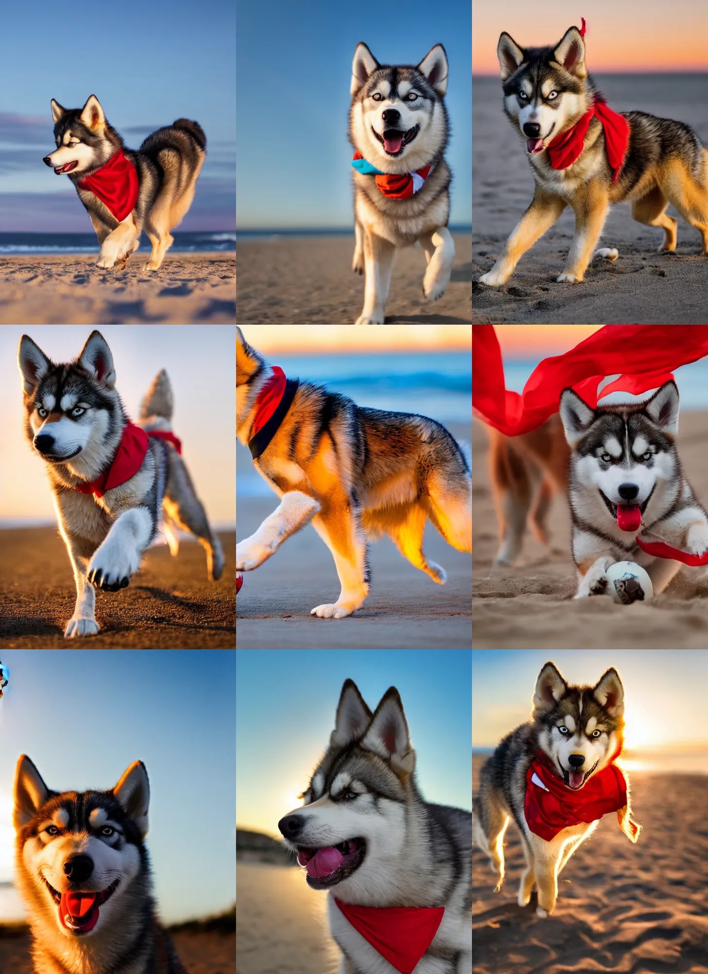 Prompt: close-up photo of a playful caramel husky wearing a red bandana playing soccer at the beach, golden hour, Breathtaking, 8k resolution, extremely detailed, beautiful, establishing shot, artistic