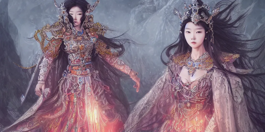 Image similar to an concept art of the korean queen surrounded by magic guards, long hair, makeup, intricate details, detailed face, detailed dress, one face, artstation, epic pose, colourful light, by kentaro miura and vasnetsov