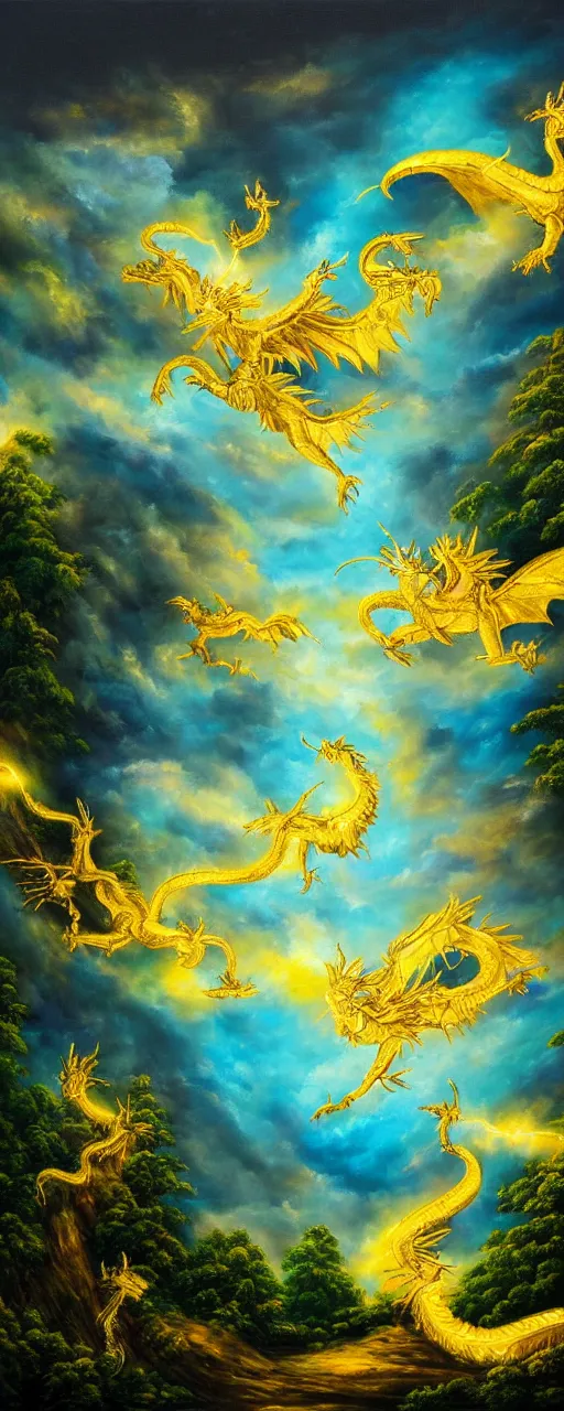 Prompt: beautiful oil painting of golden eastern dragons in sky, green lightning, night clouds, above forest, landscape shot